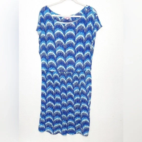 Lilly Pulitzer Blue Curves Print Knit Sadie Dress Size XL Smocked Elastic Waist - Picture 2 of 6